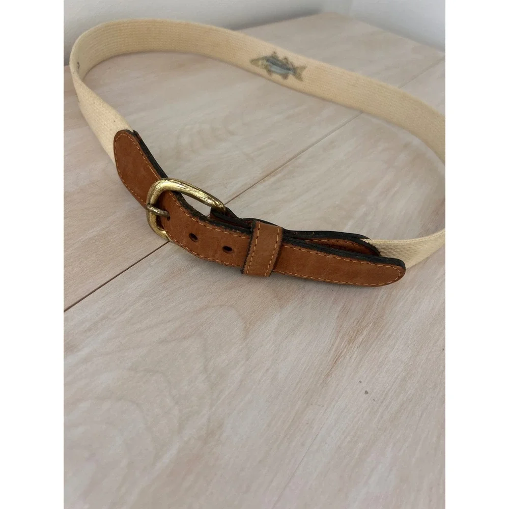 Zeppelin Mens Embroidered Fish Canvas Belt Leather Tabs Solid Brass Buckle 40